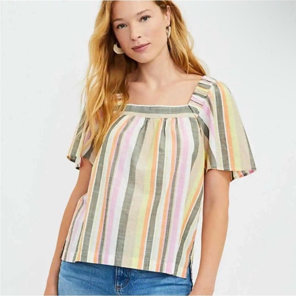Loft Rainbow Striped Flutter Sleeve Square Neck Cotton Blouse Top size Medium